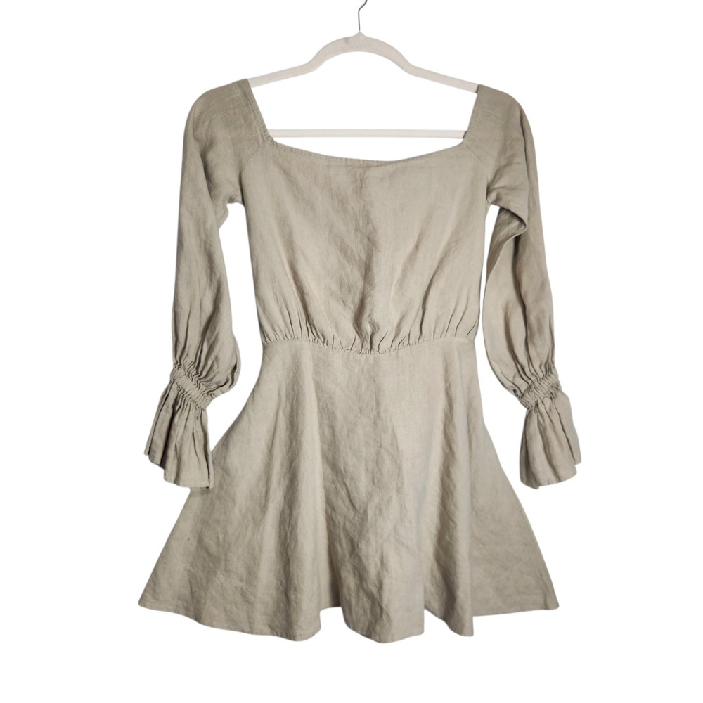 Selmacilek Tan 100% Linen Square Neck Smocked Cuff Mini Dress Size L